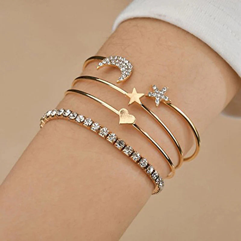 Scintillating American Diamond Star & Moon Bracelet Set (Pack of 4) - OSL118