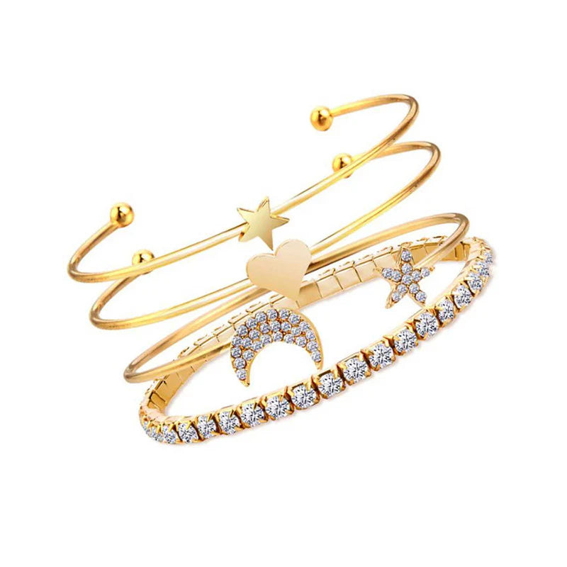 Scintillating American Diamond Star & Moon Bracelet Set (Pack of 4) - OSL118