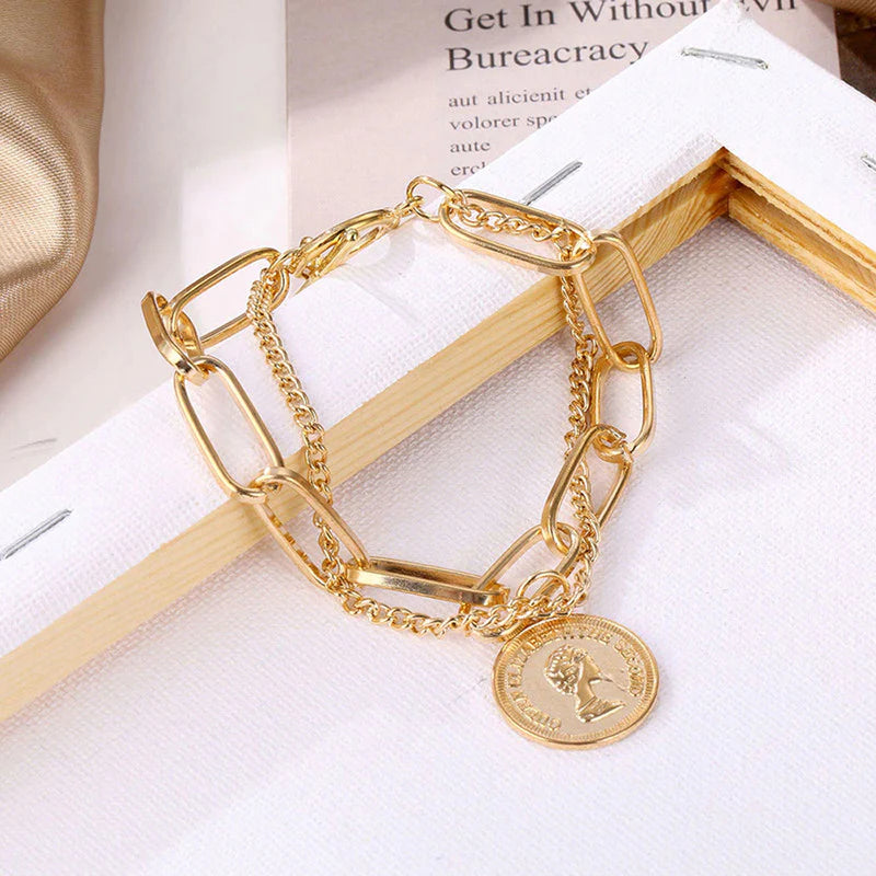Stylish Coin Head Gold Plated Multi-Strand Bracelet - OSL116