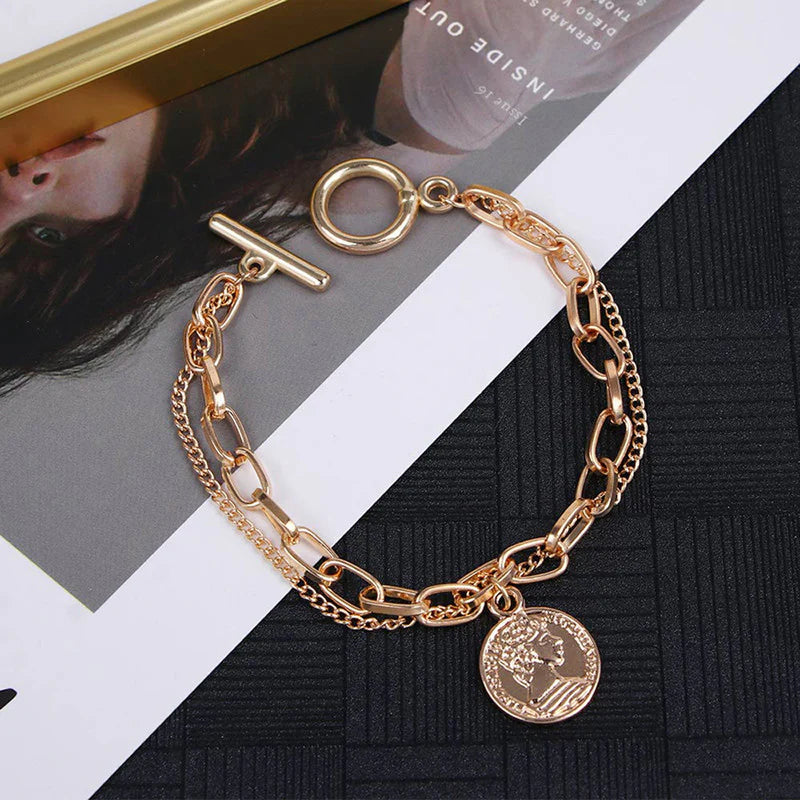 Stylish Coin Head Gold Plated Multi-Strand Bracelet - OSL116