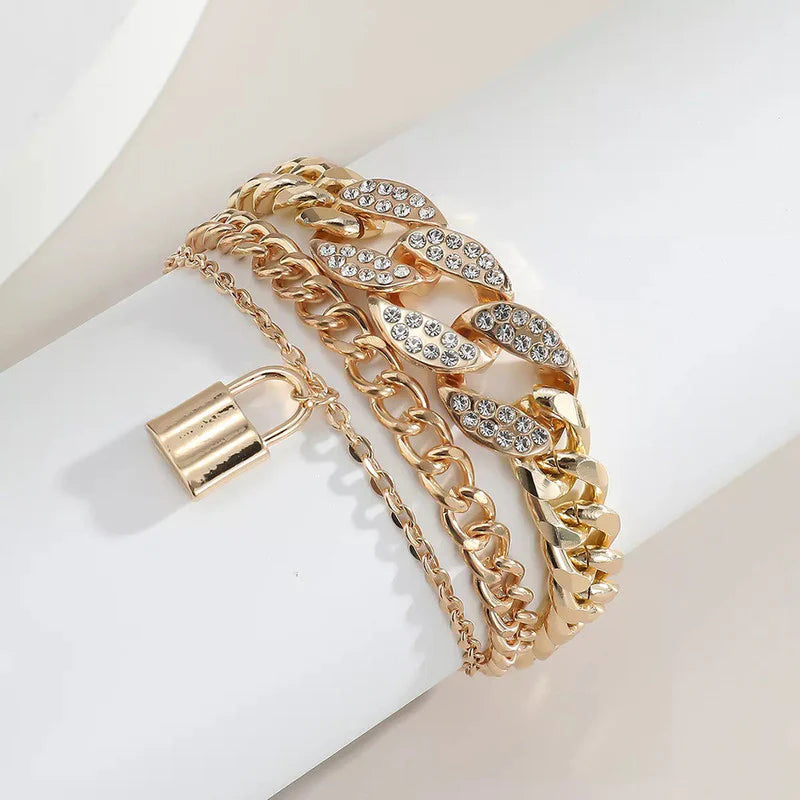 Gold Plated Stone-Studded Lock Multi-Strand Bracelet - OSL115
