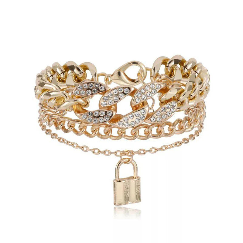 Gold Plated Stone-Studded Lock Multi-Strand Bracelet - OSL115