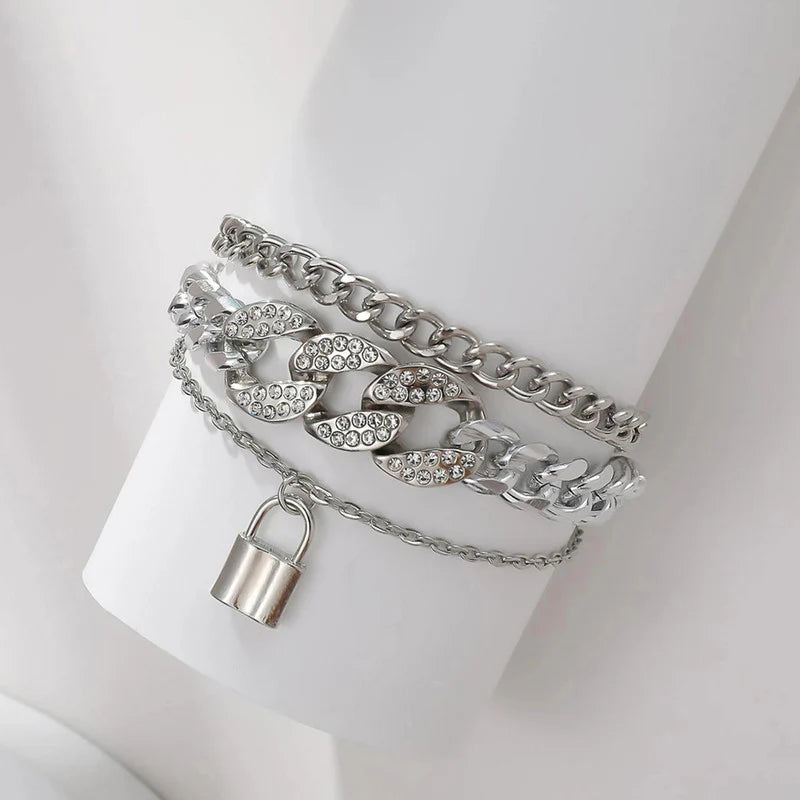 Silver Plated Stone-Studded Lock Multi-Strand Bracelet - OSL120