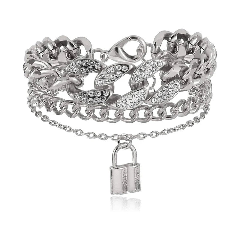 Silver Plated Stone-Studded Lock Multi-Strand Bracelet - OSL120