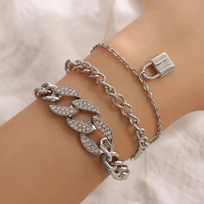 Silver Plated Stone-Studded Lock Multi-Strand Bracelet - OSL120