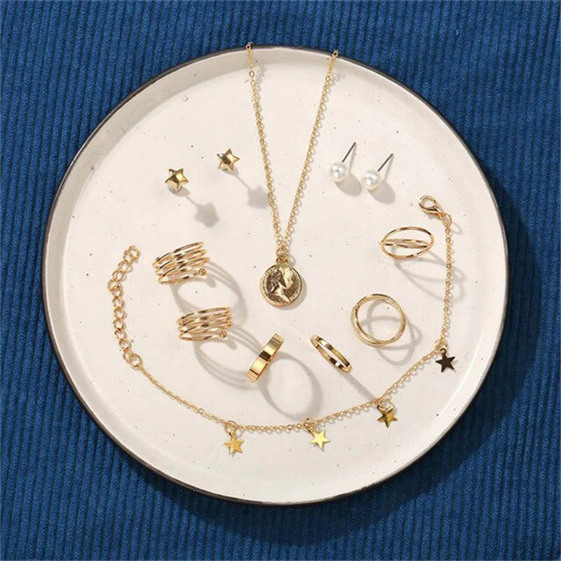 Pearl & Gold-Plated Jewellery Set with Necklace, Earrings, Rings & Bracelet for Women - OSL-142