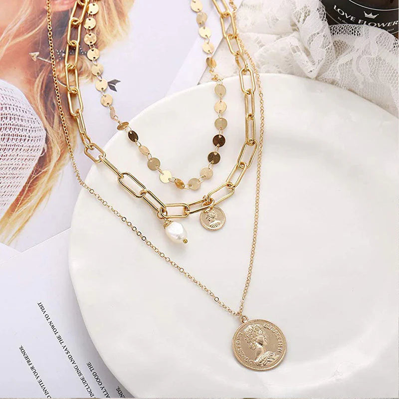 Gold Plated Coin-Inspired Layered Necklace for Women (Anti-Tarnish | Stainless Steel) - OSL-140