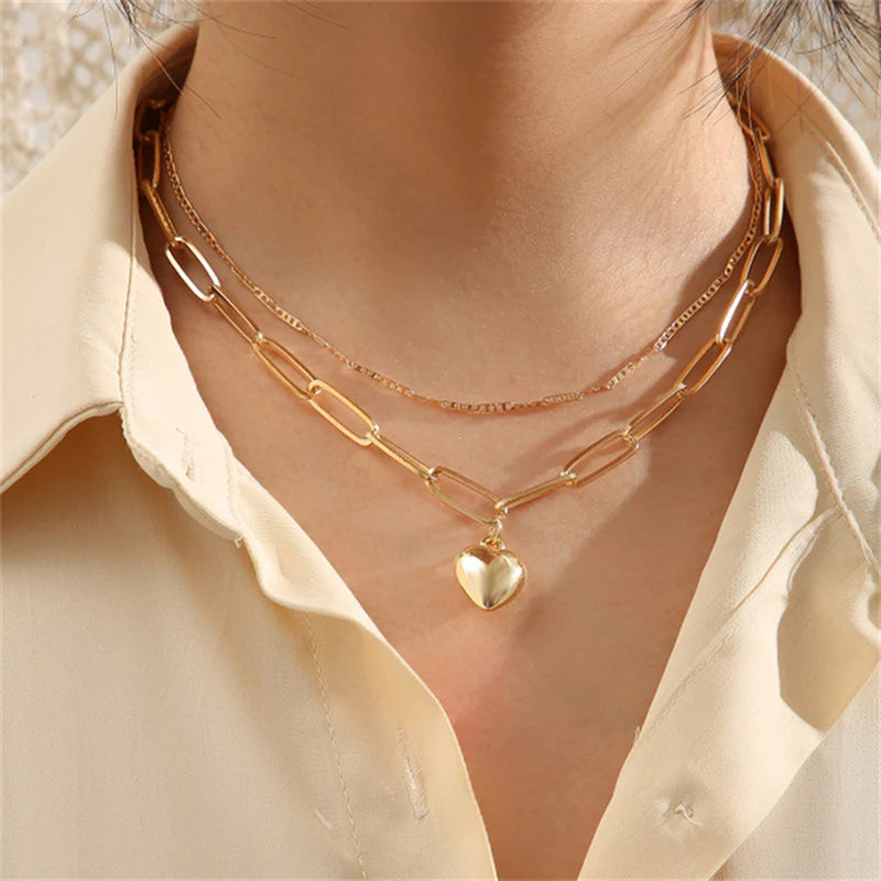 Gold Plated Heart-Inspired Layered Necklace for Women-OSL-132