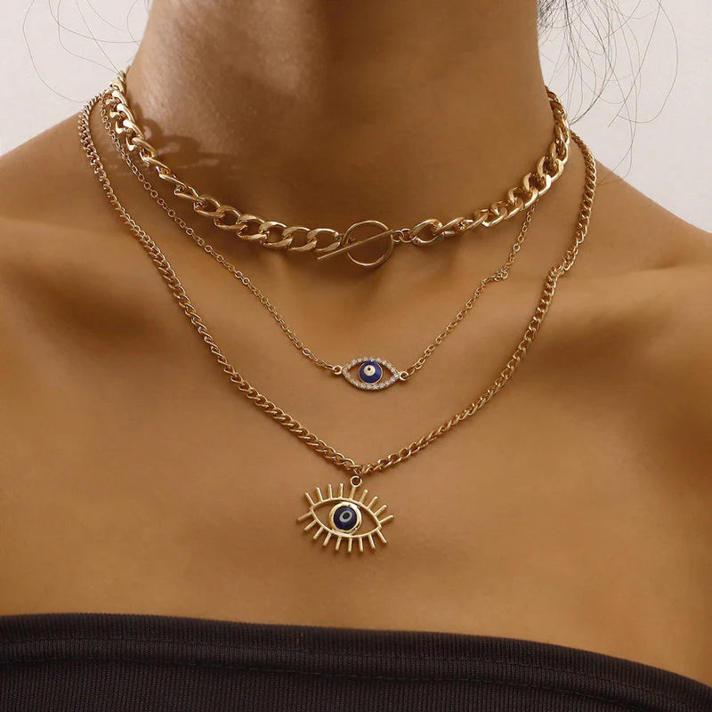 Gold Plated Evil Eye Layered Necklace - OSL123