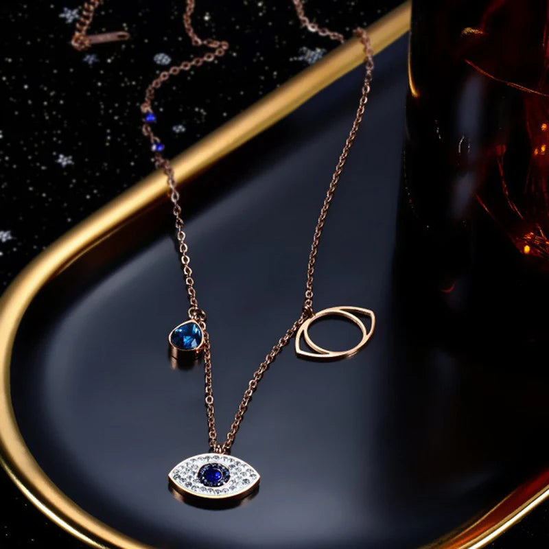 Rose Gold Plated Stainless Steel Evil Eye Pendant Necklace with American Diamonds - OSL-126