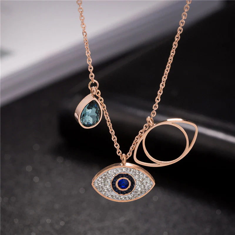 Rose Gold Plated Stainless Steel Evil Eye Pendant Necklace with American Diamonds - OSL-126