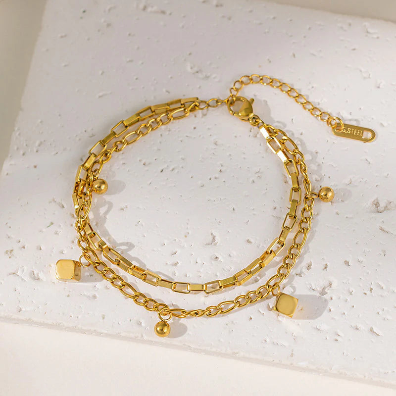 Gold Plated Cube-Themed Wraparound Bracelet (Stainless Steel | Anti-Tarnish) - OSL-148