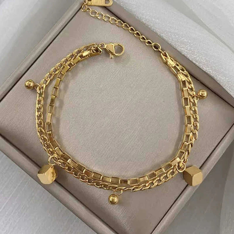 Gold Plated Cube-Themed Wraparound Bracelet (Stainless Steel | Anti-Tarnish) - OSL-148