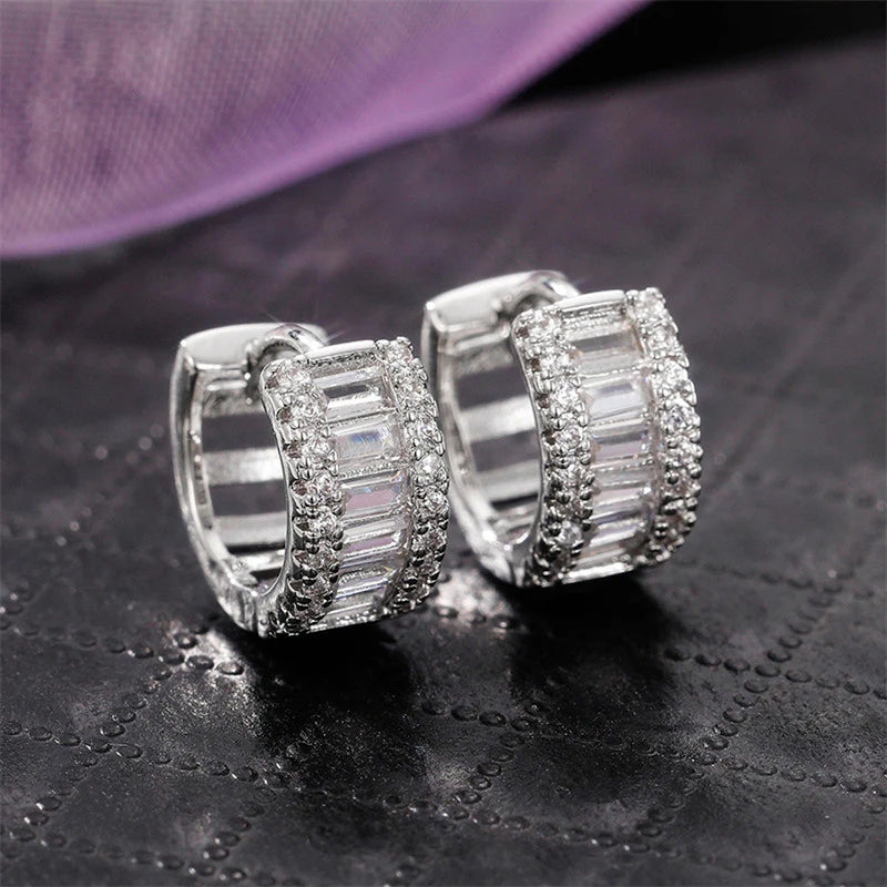 Silver Plated American Diamond Hoop Earrings-OSL105