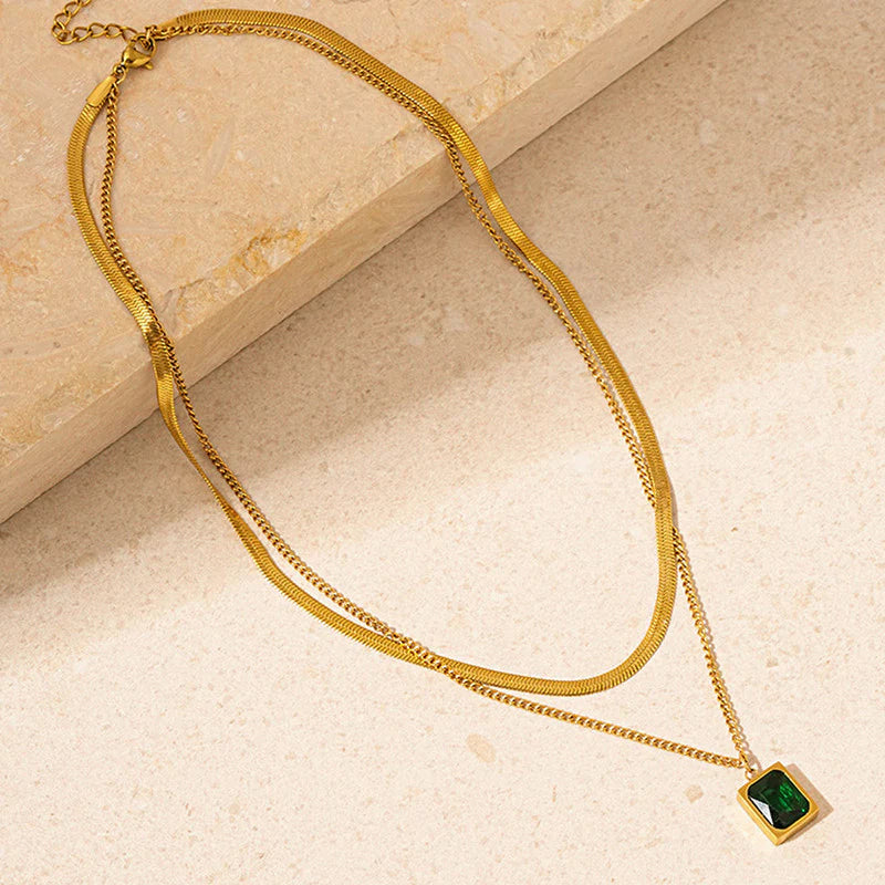 Gold Plated Anti-Tarnish Emerald Green Geometric Layered Necklace - OSL-130
