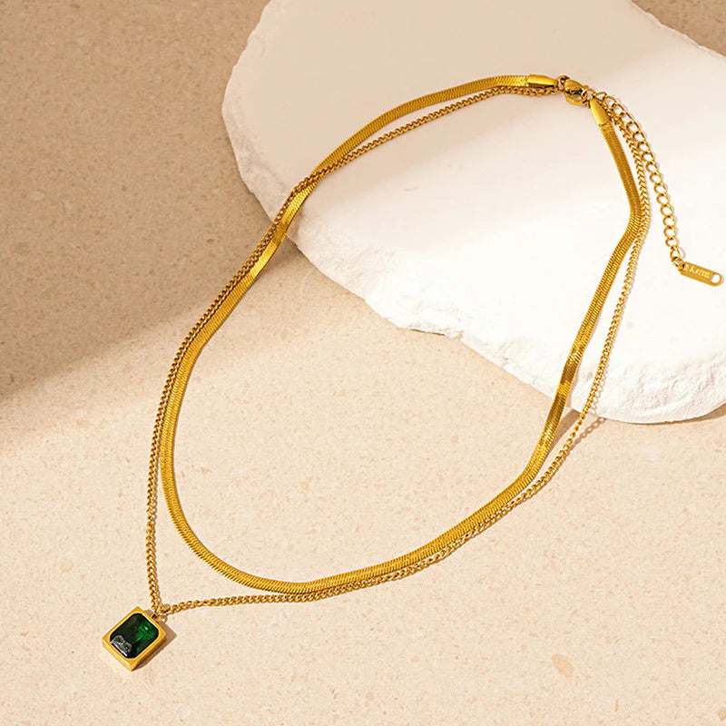 Gold Plated Anti-Tarnish Emerald Green Geometric Layered Necklace - OSL-130