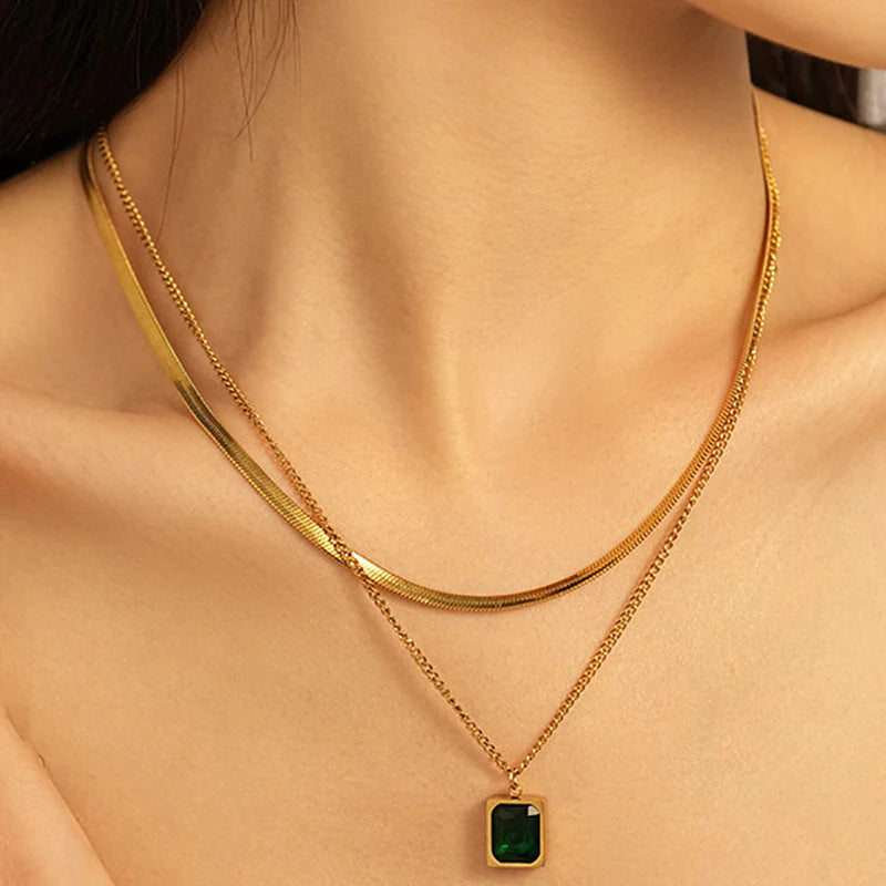 Gold Plated Anti-Tarnish Emerald Green Geometric Layered Necklace - OSL-130