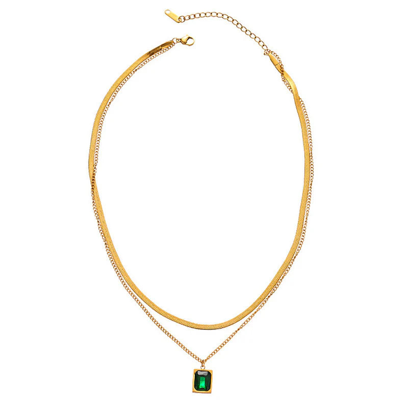 Gold Plated Anti-Tarnish Emerald Green Geometric Layered Necklace - OSL-130