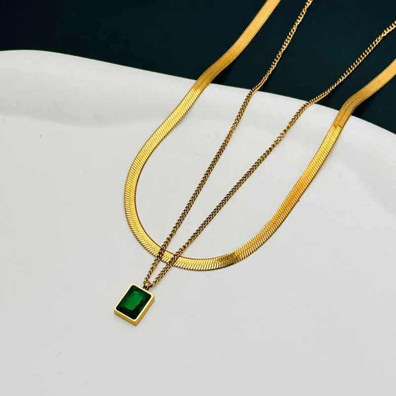 Gold Plated Anti-Tarnish Emerald Green Geometric Layered Necklace - OSL-130