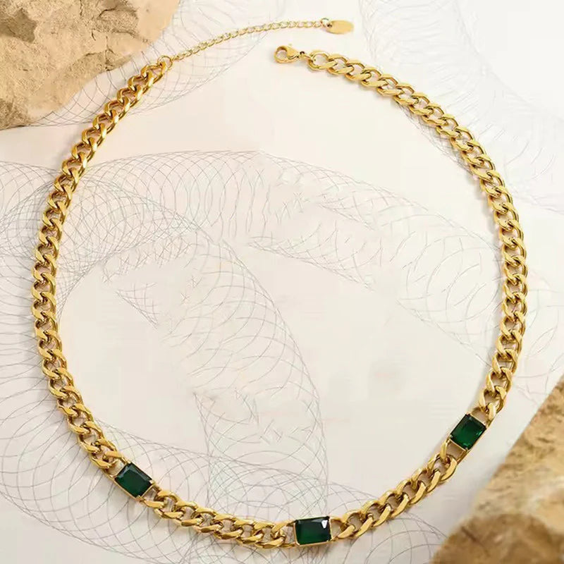 Gold Plated Stainless Steel Anti-Tarnish Cuban Necklace with Green Crystals - OSL-134