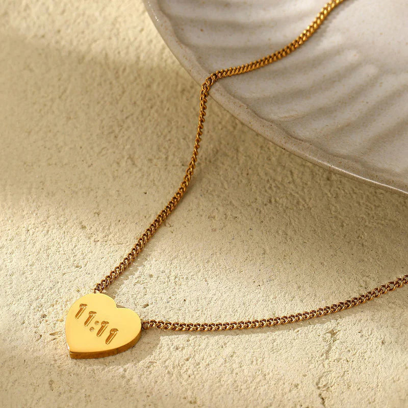 Gold Plated Anti-Tarnish “11:11 Make a Wish” Heart & Angel Pendant Necklace - OSL-138