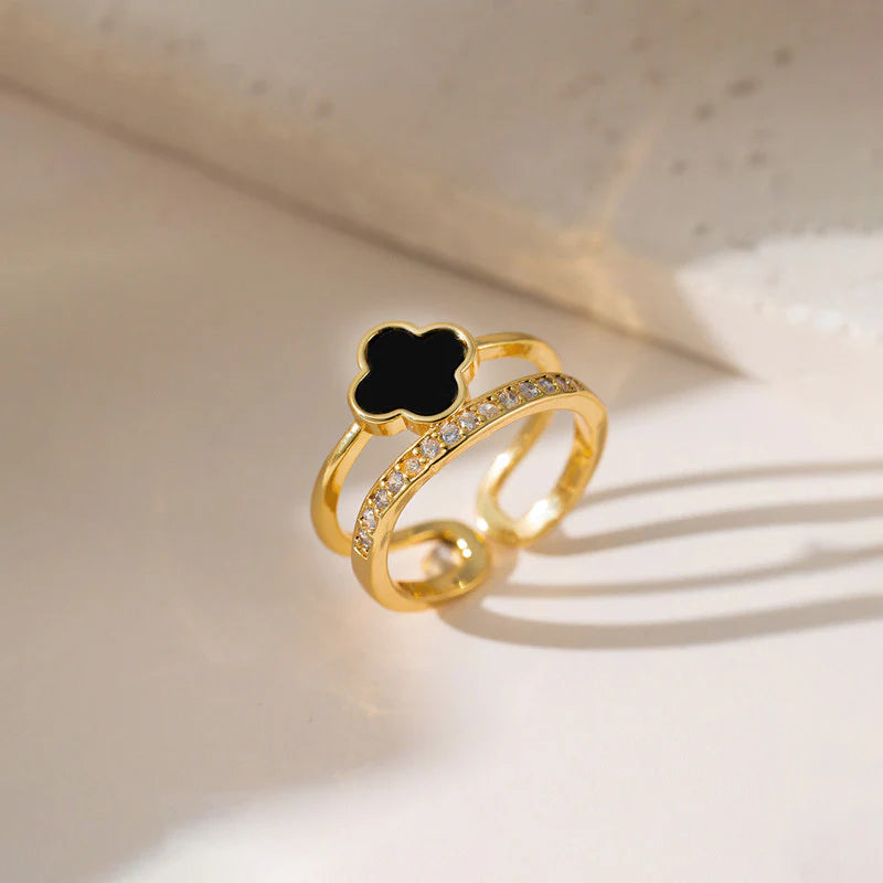 Gold Plated Anti-Tarnish Stainless Steel Clover Themed Adjustable Finger Ring - OSL94