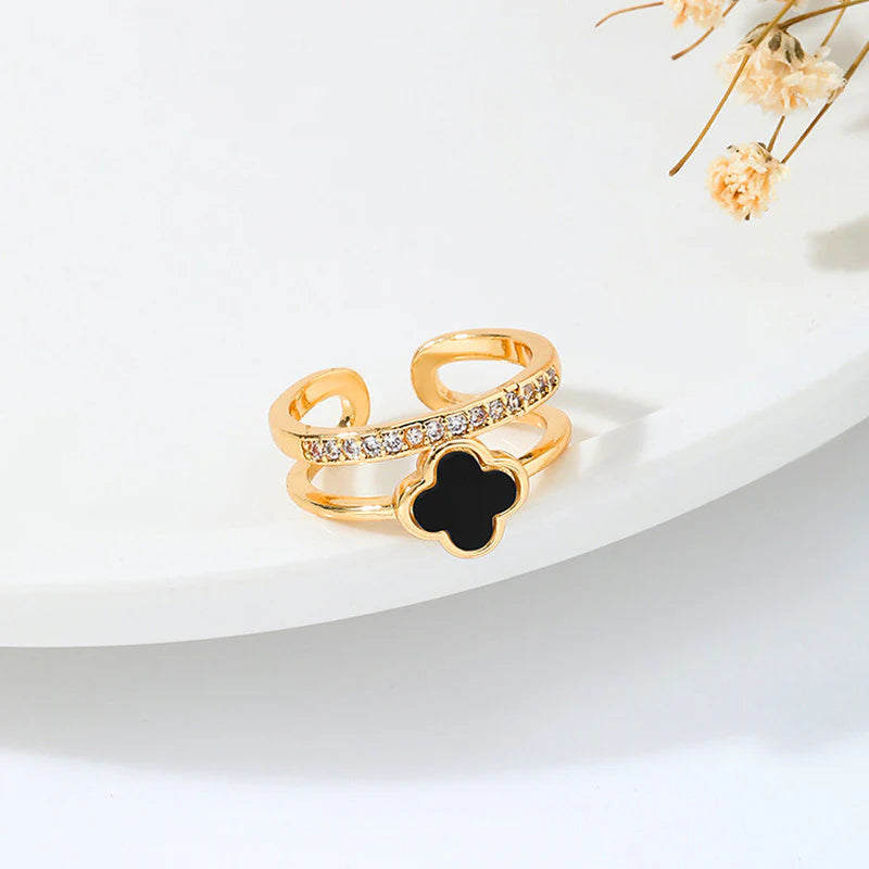 Gold Plated Anti-Tarnish Stainless Steel Clover Themed Adjustable Finger Ring - OSL94