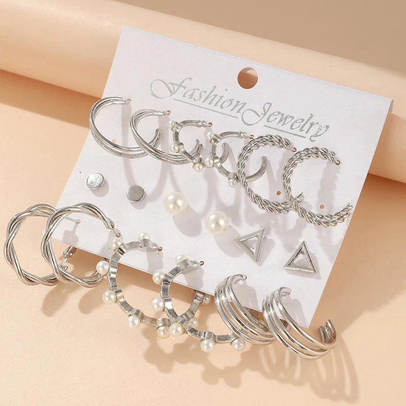 Silver Plated Contemporary Hoop Earrings Set (Pack of 9) - OSL108