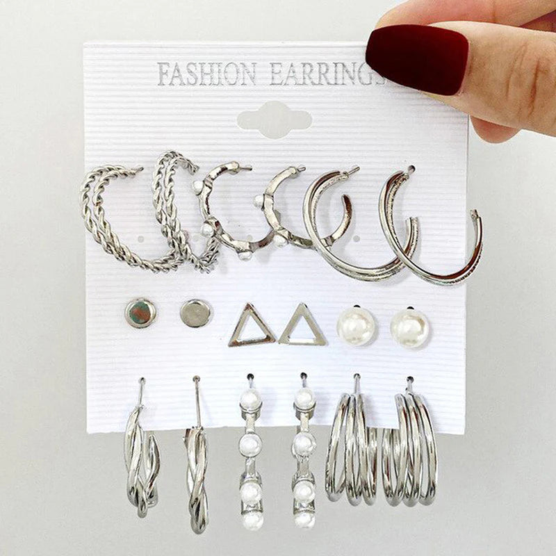 Silver Plated Contemporary Hoop Earrings Set (Pack of 9) - OSL108
