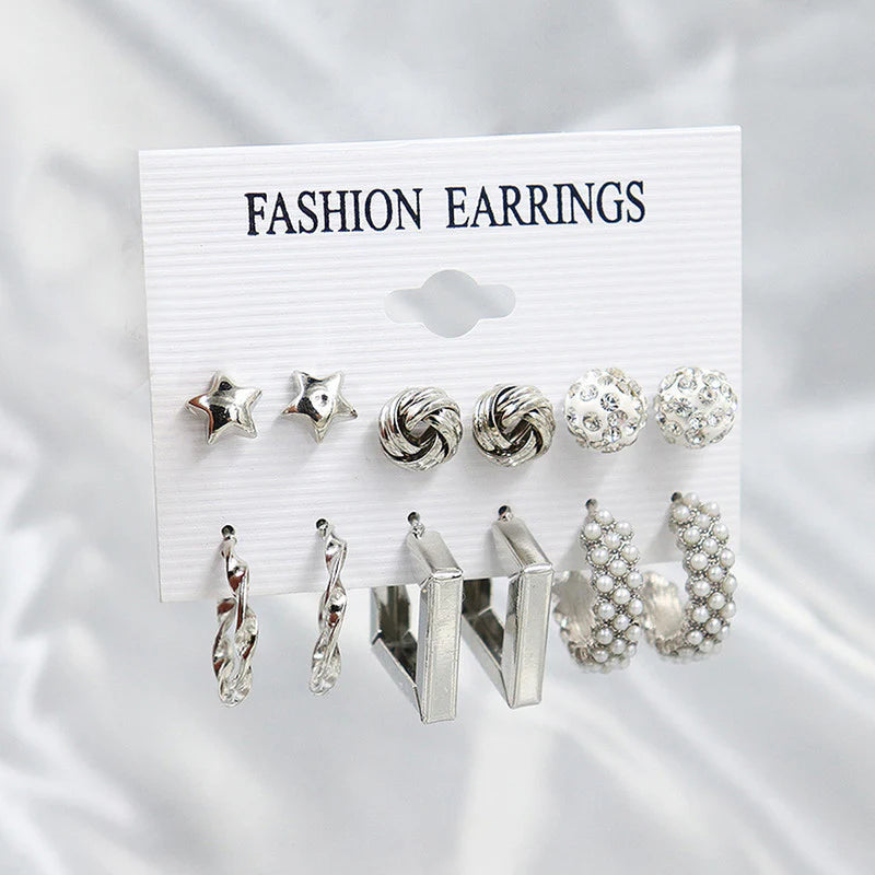 Gold Plated White Studs, Hoops & Drop Earrings Set (Pack of 6) - OSL107