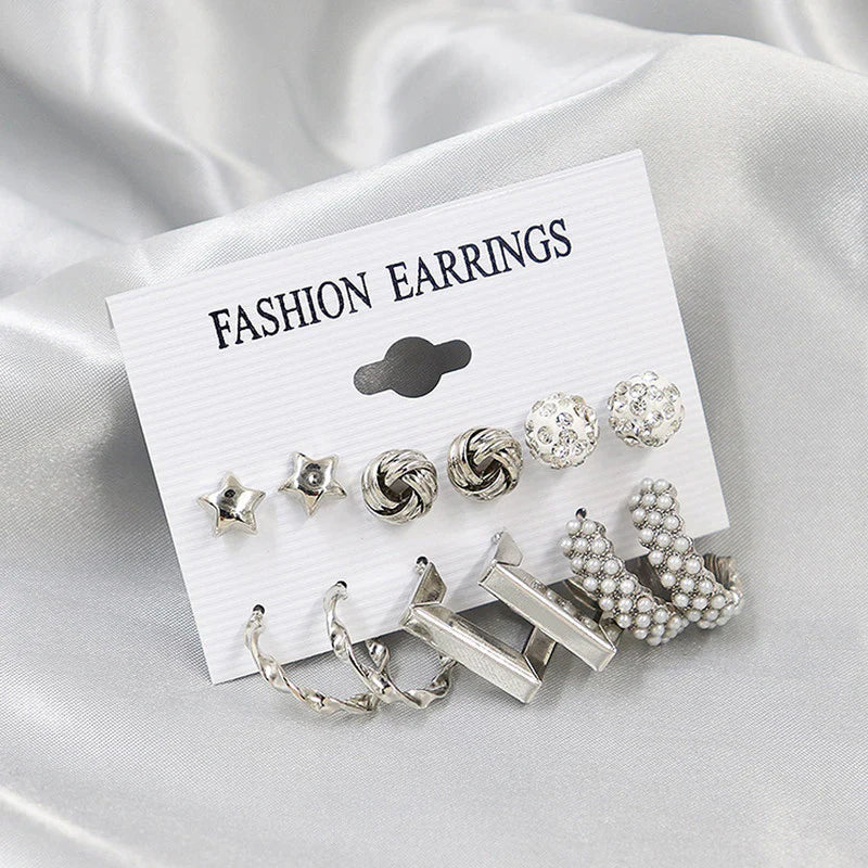 Gold Plated White Studs, Hoops & Drop Earrings Set (Pack of 6) - OSL107