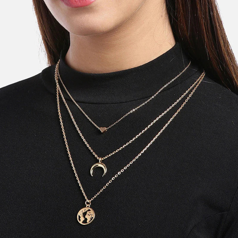 Gold Plated Moon, Star & World Layered Necklace for Women (Anti-Tarnish) - OSL-145