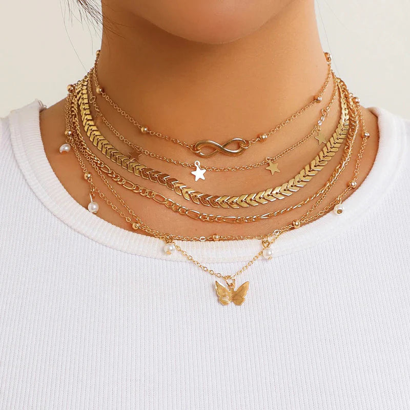 Gold Plated Layered Necklace Set (Pack of 6 | Anti-Tarnish) - OSL-147