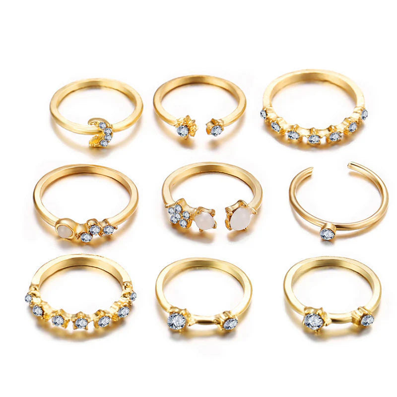 Trending Gold Plated Love-Inspired Set of 9 Stackable Finger Rings - OSL95