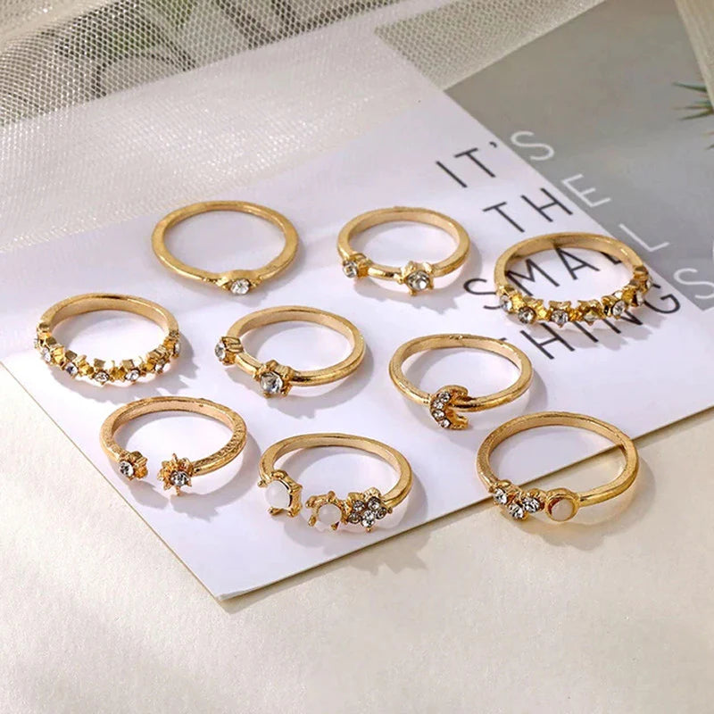 Trending Gold Plated Love-Inspired Set of 9 Stackable Finger Rings - OSL95
