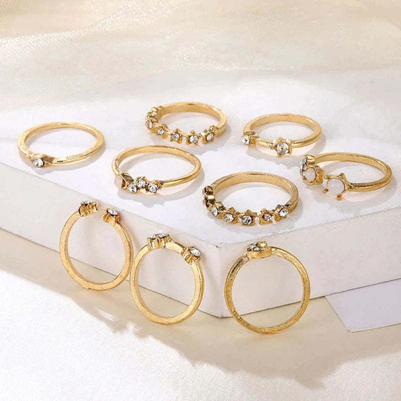 Trending Gold Plated Love-Inspired Set of 9 Stackable Finger Rings - OSL95