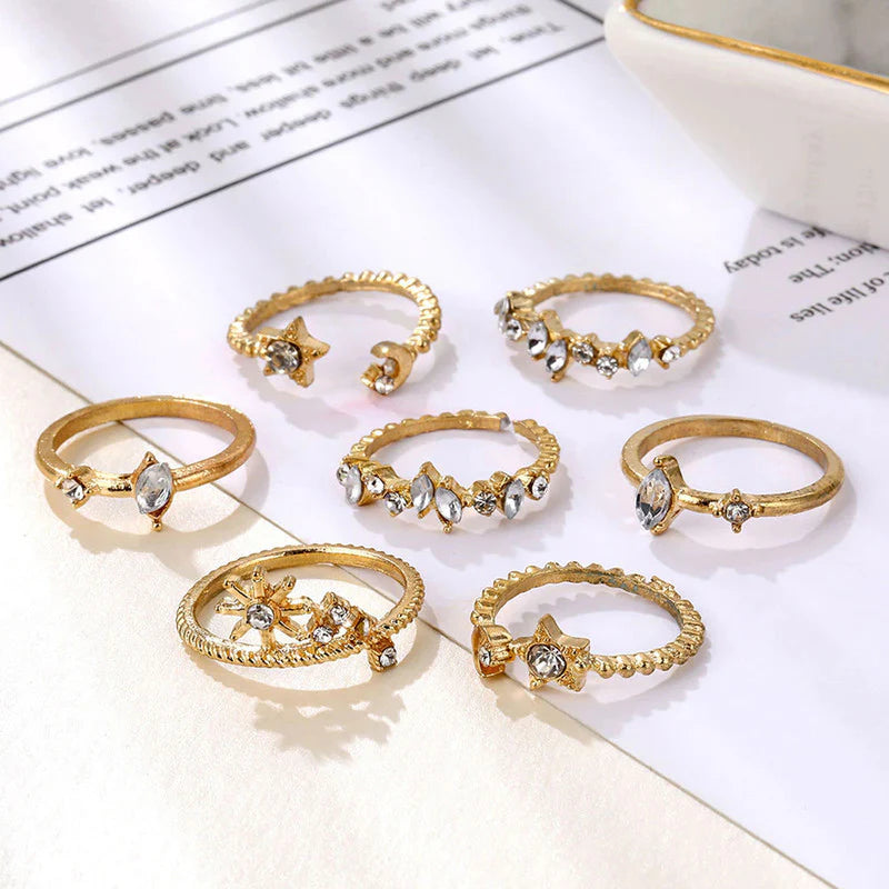 Gold Plated Stackable Moon-Star Rings Set of 7 for Women - OSL-103