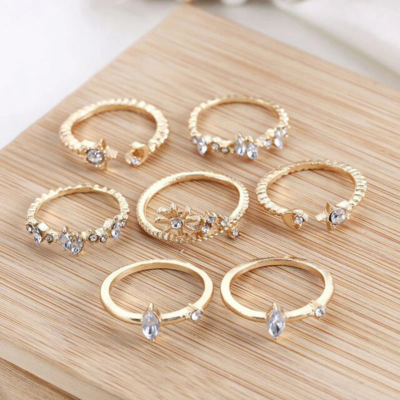 Gold Plated Stackable Moon-Star Rings Set of 7 for Women - OSL-103