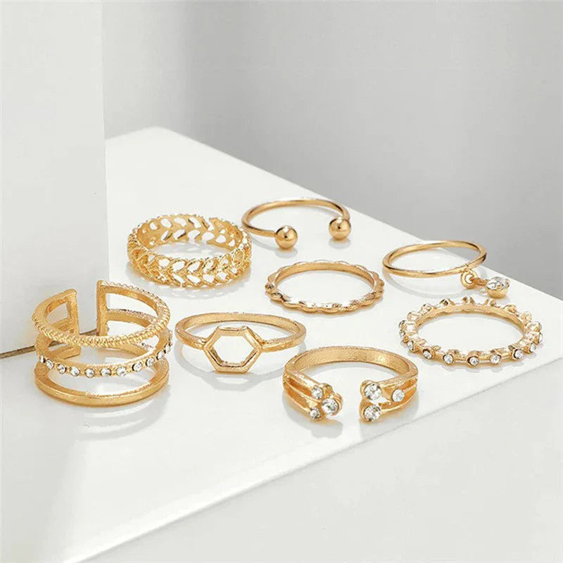 Gold Plated Gold-Toned Contemporary Stackable Rings Set of 8 for Women-OSL-100