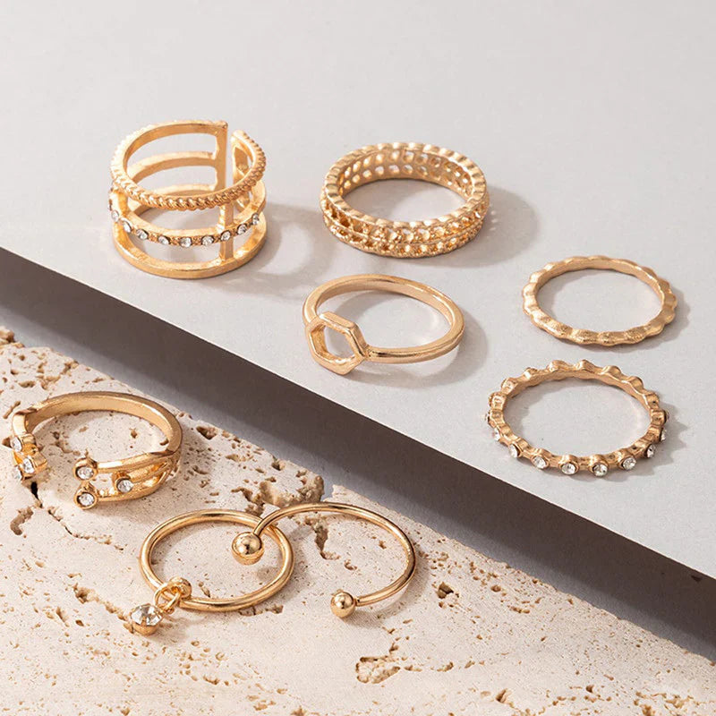 Gold Plated Gold-Toned Contemporary Stackable Rings Set of 8 for Women-OSL-100
