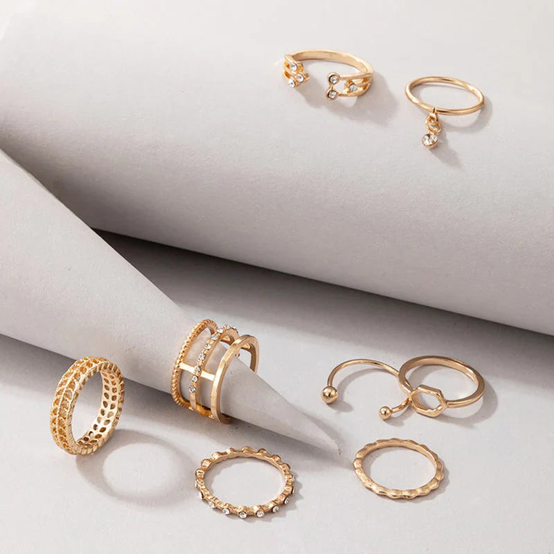 Gold Plated Gold-Toned Contemporary Stackable Rings Set of 8 for Women-OSL-100