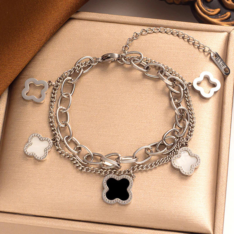 Stainless Steel Silver-Plated Mother of Pearl Clover Wraparound Bracelet (Anti-Tarnish) -OSL-141