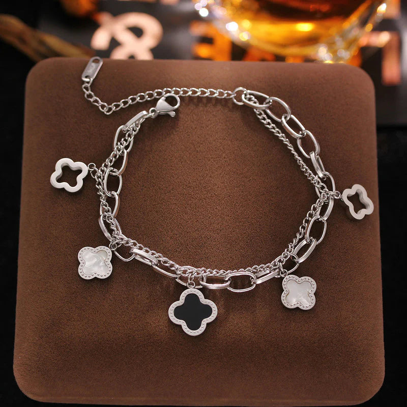 Stainless Steel Silver-Plated Mother of Pearl Clover Wraparound Bracelet (Anti-Tarnish) -OSL-141