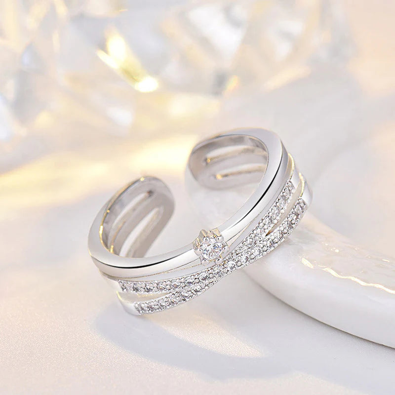 Silver Plated American Diamond Studded Contemporary Korean Finger Ring - OSL-99