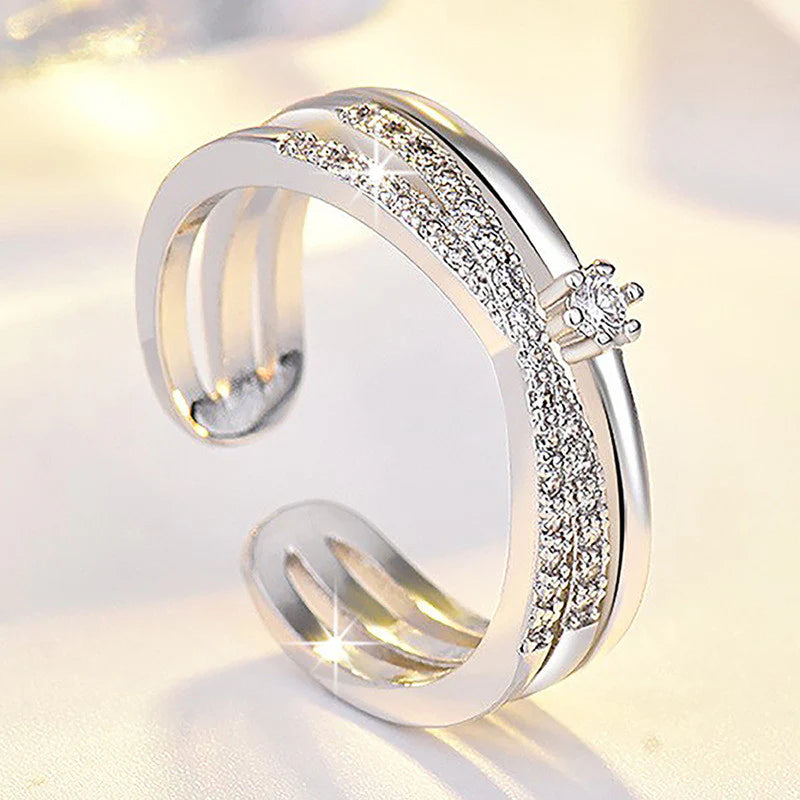Silver Plated American Diamond Studded Contemporary Korean Finger Ring - OSL-99