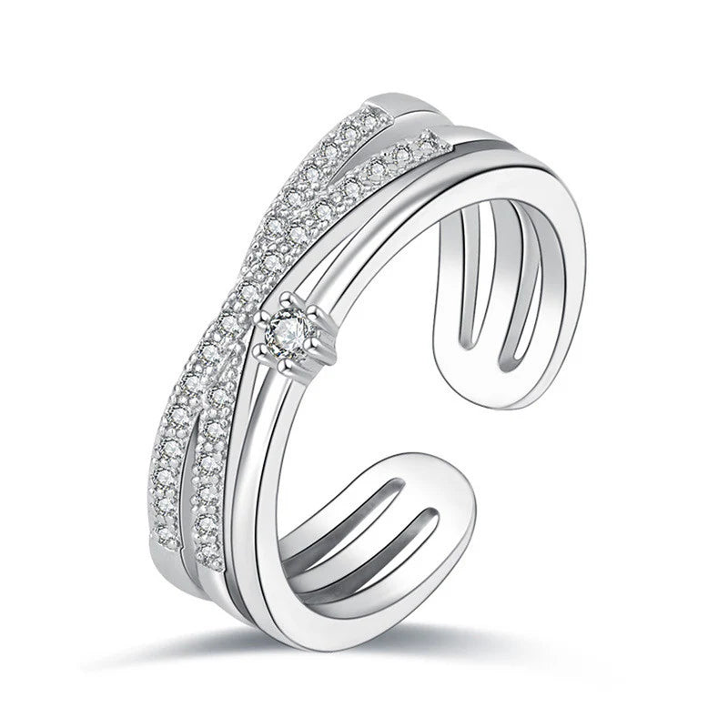Silver Plated American Diamond Studded Contemporary Korean Finger Ring - OSL-99