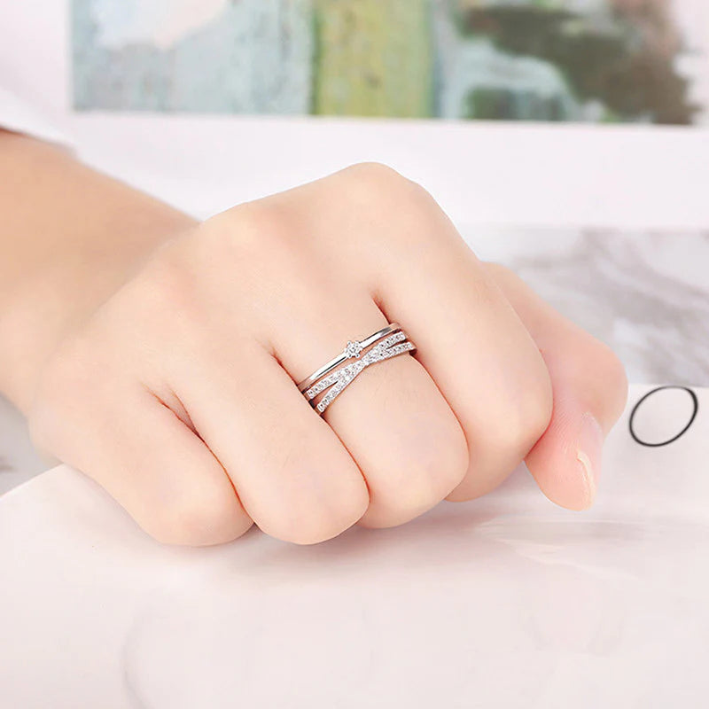 Silver Plated American Diamond Studded Contemporary Korean Finger Ring - OSL-99