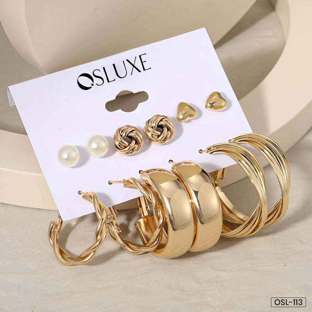 Gold Plated Studs & Hoops Earrings Combo (Pack of 6) - OSL113