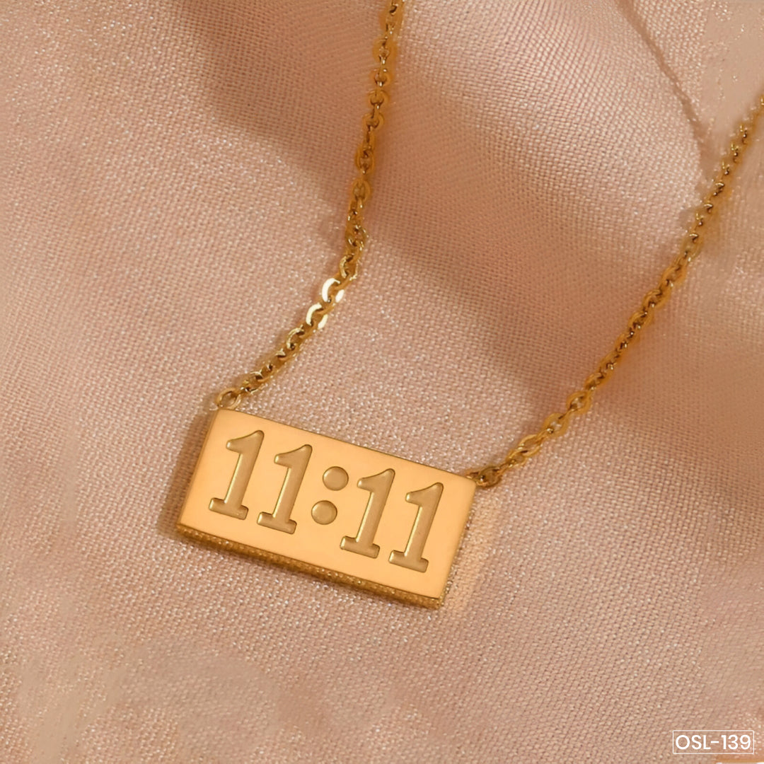 Gold Plated Anti-Tarnish “11:11 Make a Wish” Angel Pendant Necklace (Stainless Steel) -OSL-139