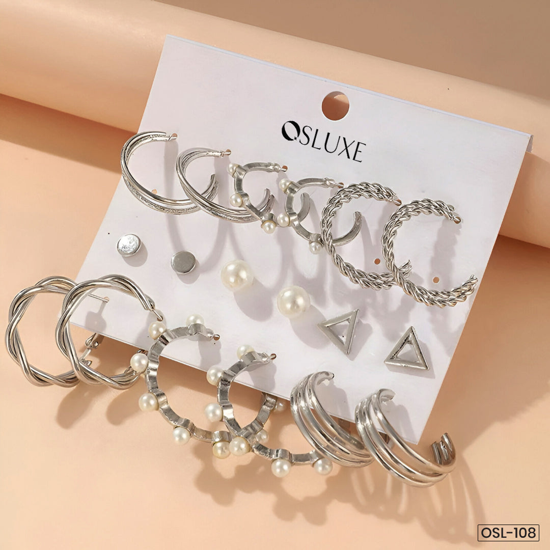 Silver Plated Contemporary Hoop Earrings Set (Pack of 9) - OSL108
